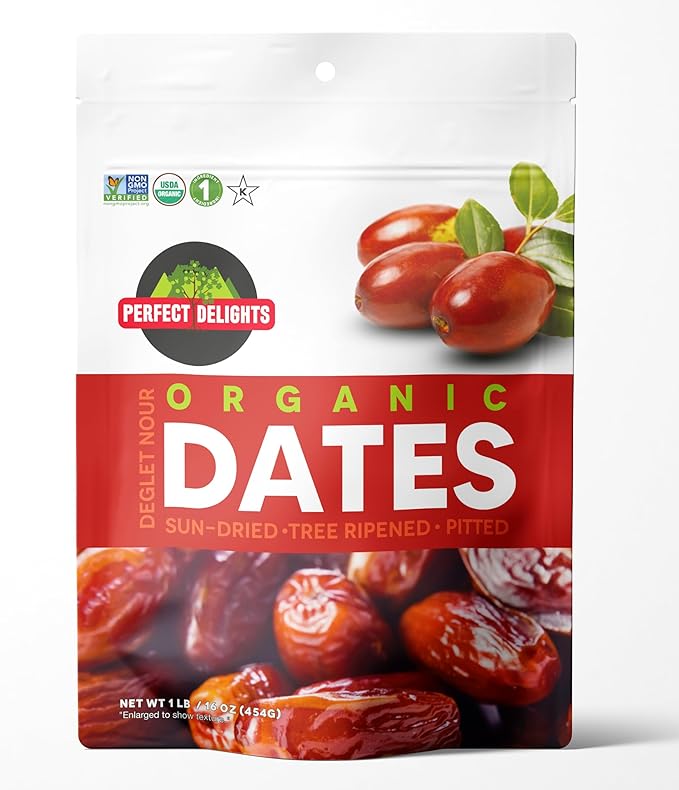 Perfect Delights Organic Dates Vegan Sun-Dried Pitted Dates Healthy Fruit Snack for Kids and Adults - Single Pack(16 oz)