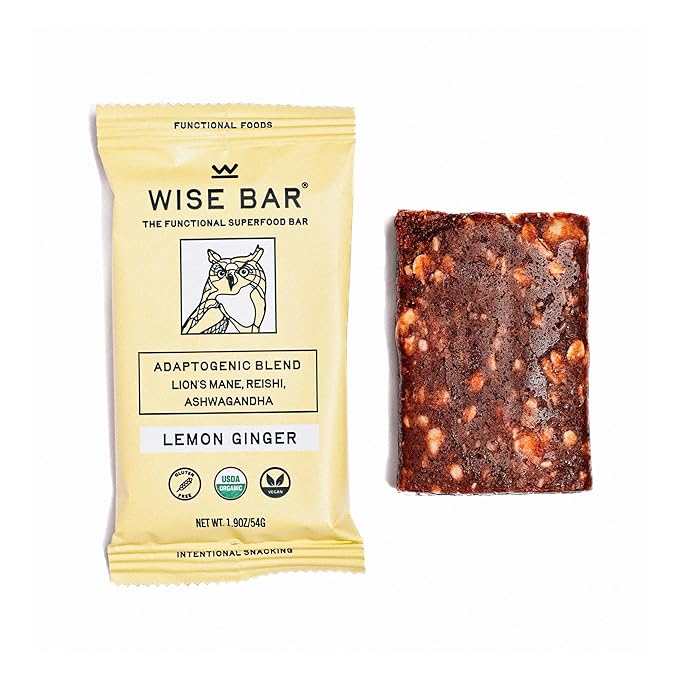 Wise Bar Adaptogen Mushroom Nutrition Bars with Reishi Lions Mane &amp Ashwagandha Organic Vegan &amp Gluten Free Snacks for Natural Focus Energy &amp Immunity Support Lemon Ginger Flavor 12 C