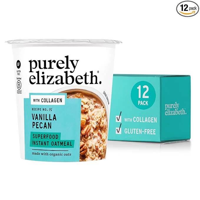 Purely Elizabeth Vanilla Pecan Collagen Oatmeal Cups With Nut Butter Packet Gluten-Free 2 Ounce (Pack of 12)