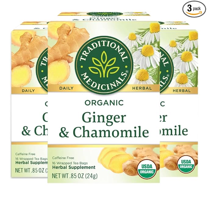 Traditional Medicinals Organic Ginger &amp Chamomile Herbal Tea Relieves Occasional Indigestion or Nausea (Pack of 3) - 48 Tea Bags Total