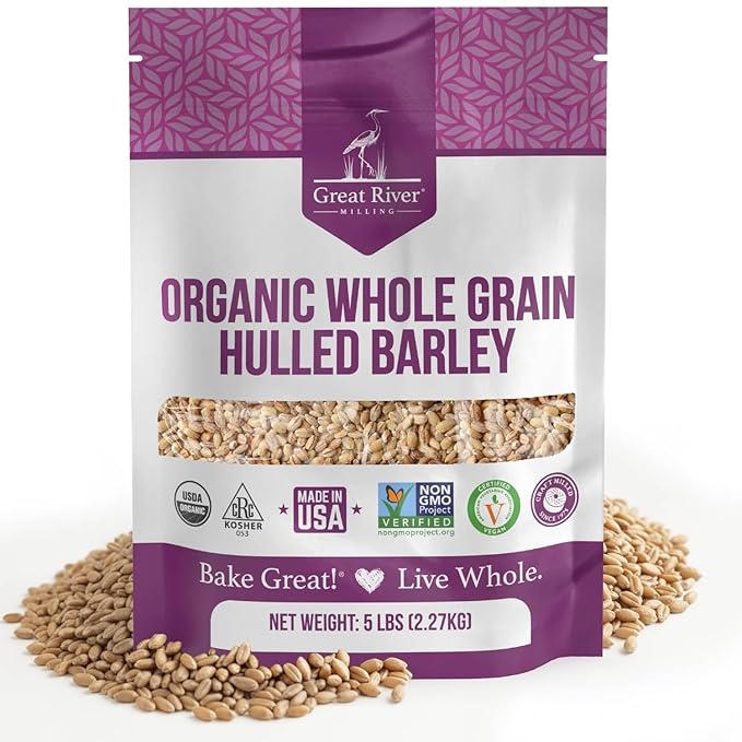 Great River Milling Organic Hulled Barley Grain | Whole Grain Barley for Home Milling Cooking and Baking | High Fiber Non GMO Kosher | 5 Lb