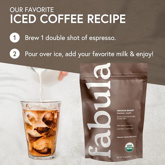 Fabula Low Acid Coffee Beans Whole USDA Organic Coffee Beans Medium Roast - Non-GMO - No Molds - Mycotoxins Pesticides Free - Single Origin - 12 oz