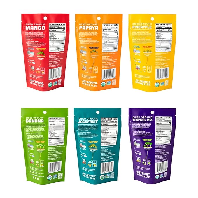 Mavuno Harvest Organic Dried Fruit Variety Pack | Dried Mango Papaya Pineapple Banana Jackfruit &amp Tropical Mix | Healthy Vegan No Sugar Added Non GMO Snacks for Kids &amp Adults | 2 Ounce