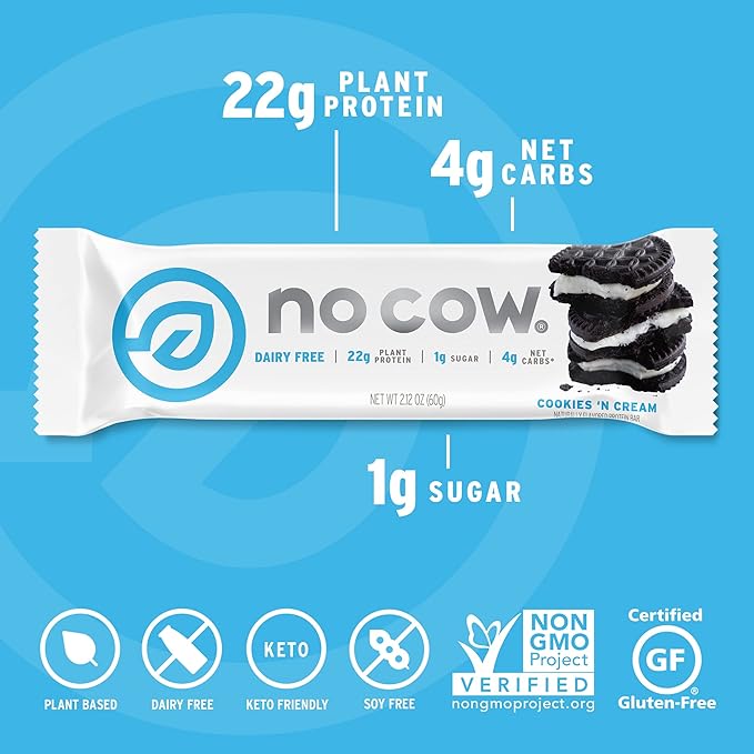 No Cow Vegan Protein Bars Upgraded Cookies 'n Cream | 20g Plant Based Protein Gluten Free Dairy Free Soy Free Keto Friendly Low Sugar High Fiber Snack Bars | Pack of 12