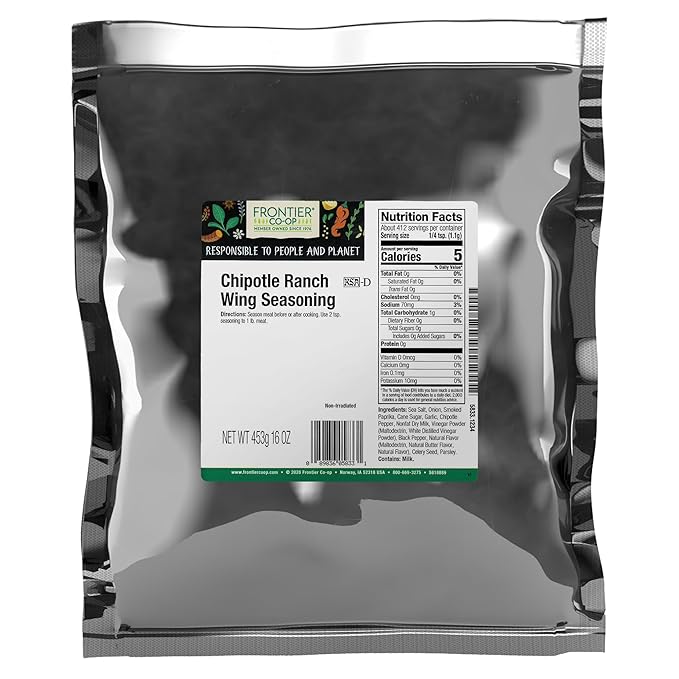 Frontier Co-op Chipotle Ranch Wing Seasoning 1lb Bulk Bag - Smoky and Zesty Blend with Chipotle and Paprika for Grilled Meats