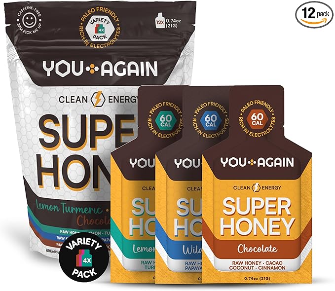 You Again Super Honey Packets - Variety | Workout Clean Energy Gel | Cycling Endurance Running Gel or Energy Snack | Paleo &amp Carnivore Snack | Gluten-Free | Made in USA | 12 Pack