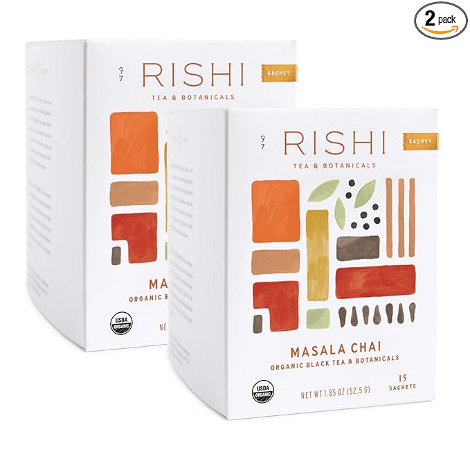 Rishi Tea Masala Chai Herbal Tea - Immune Support USDA Certified Organic Highly Caffeinated Naturally Spiced Black Tea Blend - 15 Sachet Bags 1.85 oz (Pack of 2)