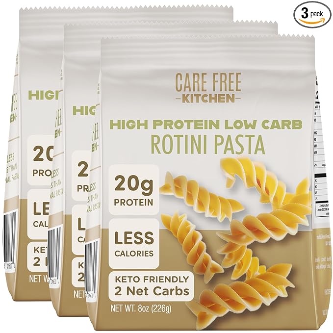 Care Free Kitchen Plain 3-Pack (8 oz. Bags) Rotini Keto Pasta Noodles 20g High Protein Low Carb 2g Net Carbs 26g High Fiber