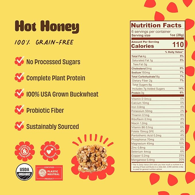Clusterbucks Superfood Clusters – Grain-Free Keto-Friendly Snack Bites with Regeneratively Grown Sprouted Buckwheat– Gluten-Free Low-Carb Organic Healthy Snack (3-Pack Hot Honey)
