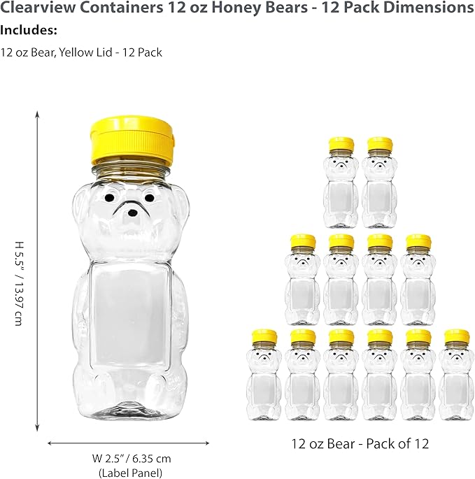 12 Pack of 12 Ounce Clear Honey Bears with Sealable Yellow Flip Top Lids (12 oz. Clear Bear 12pk Yellow)