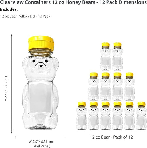 12 Pack of 12 Ounce Clear Honey Bears with Sealable Yellow Flip Top Lids (12 oz. Clear Bear 12pk Yellow)