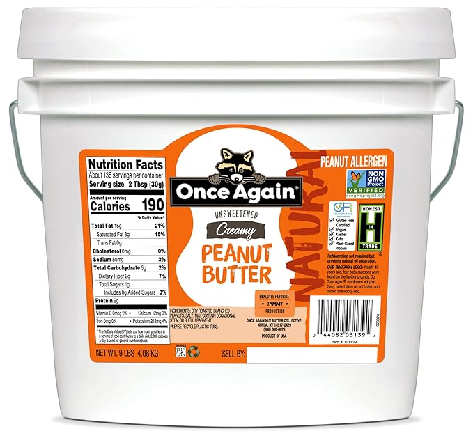 Once Again Natural Creamy Peanut Butter 9lb Bucket (same as 9 jars) - Lightly Salted Unsweetened - Gluten Free Certified Vegan Kosher Non-GMO Verified