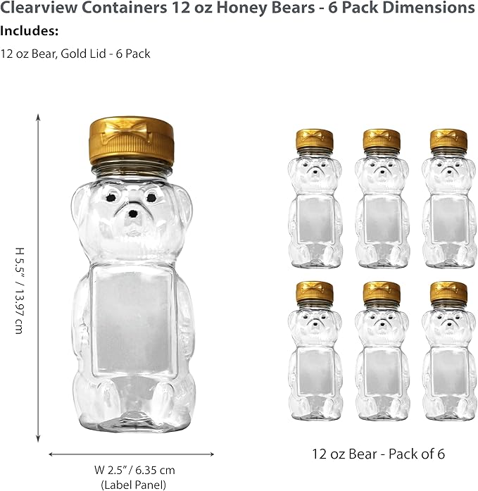 12 Ounce Clear Plastic Squeezable Honey Bears with Sealable Flip Top Lids - BPA Free Hand Wash Only (Gold 6 Pack)
