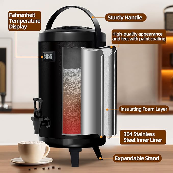 Insulated Beverage Dispenser - Thermal Hot and Cold Tea Dispenser - Stainless Steel 12L/3.2Gal with Spigot for Hot Coffee &amp Tea Cold Milk &amp Juice - Black