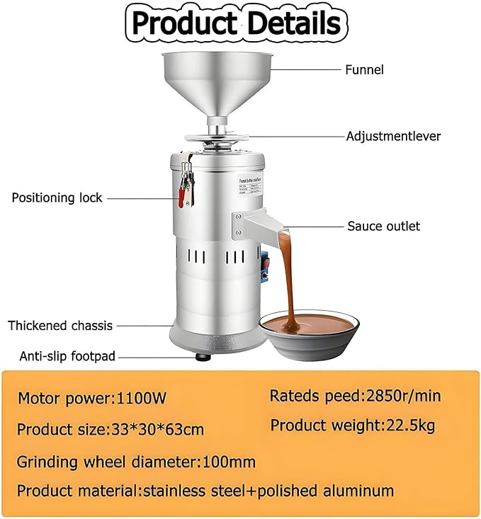 1100W High Efficiency Peanut Butter Maker 2850r/min Multifunctional Nut Butter Grinder &amp Sesame Paste Machine Easy to Clean Quiet Operation 15Kg/H for Home Kitchen Use
