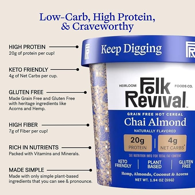 Folk Revival Chai Almond Keto Instant 'Oatmeal' - 20g Protein 4g Net Carbs High Fiber Non GMO Gluten Free Made with Acorns - 12 Cups Per Case