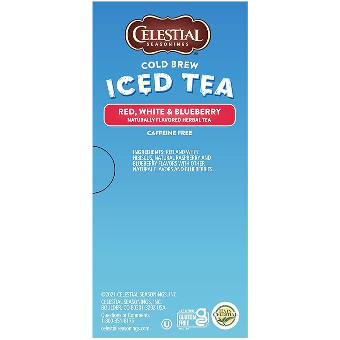 Celestial Seasonings Cold Brew Iced Tea Red White &amp Blueberry Caffeine Free 18 tea bags (Pack of 6)