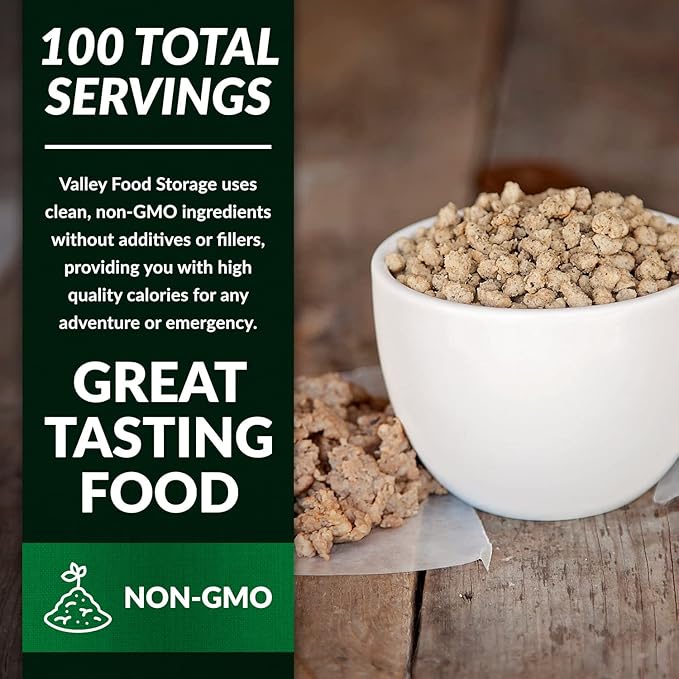 Valley Food Storage Freeze Dried Sausage Crumbles | 10-Bag Bucket 85 oz | Premium Emergency Food Supply 25 Year Shelf Life | Prepper Supplies Survival Food Camping &amp Off-Grid Living | Packaged