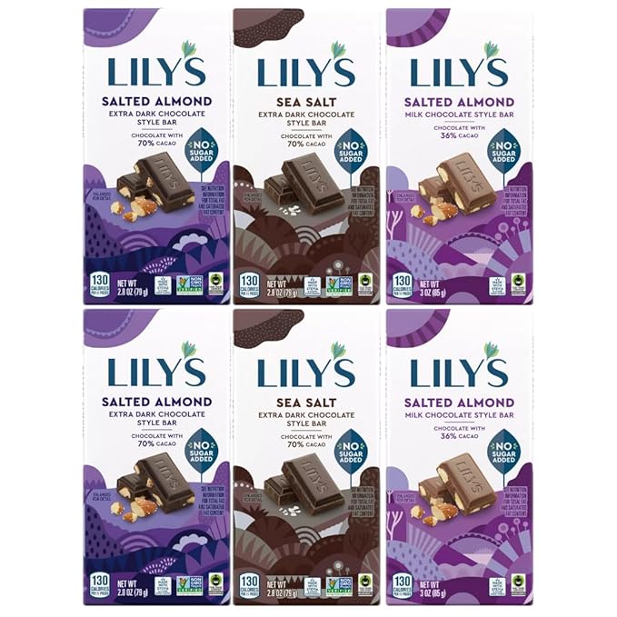Lily’s Chocolate Bar Variety Pack Salted Chocolate Lovers – 6 Pack (Milk Salted Almond Dark 70% Sea Salt Dark Salted Almond)