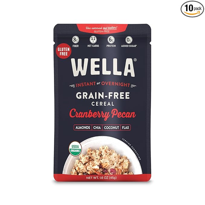 Wella Cereal Oatmeal Alternative Gluten-Free Breakfast Hot Cereal Grain-Free Paleo Organic Vegan High Protein Superfood Plant-Based Non-GMO Low in Net Carbs Single-Serve Packets Cranberry Pecan