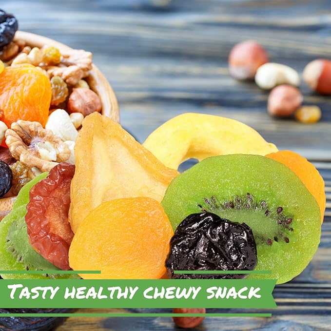 Dried Mixed Fruit with Prunes by It's Delish 2 lbs (32 Oz) Jumbo Container | Snack Mix of Prunes Apricots Plums Apple Rings Nectarines Peaches Pears Kiwi Slices | Dry Fruits - Vegan Kosher Hea