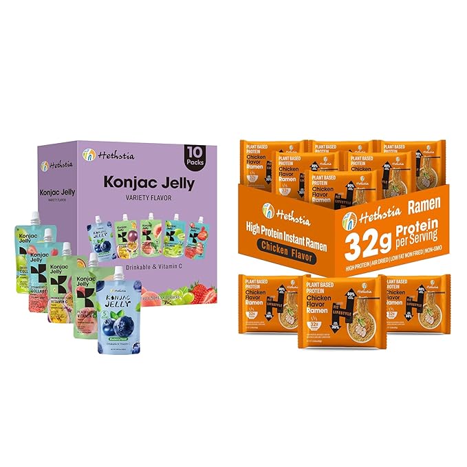 Hethstia High Protein Ramen Soup Chicken Flavor 6-Pack and Konjac Jelly Variety Pack 10 Pouches Drinkable Jelly– Blueberry Peach Passion Fruit Green Grape Strawberry