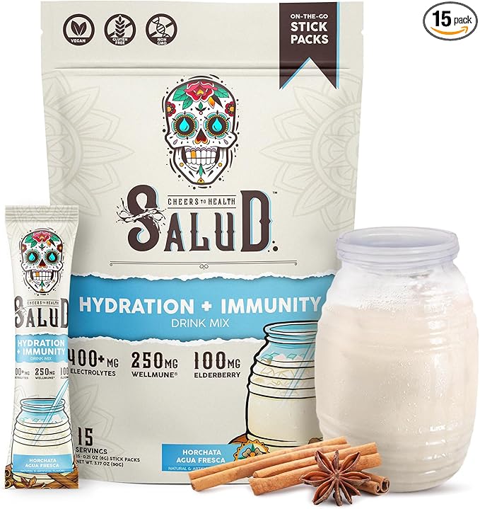 Salud 2-in-1 Hydration Packets + Immunity Electrolytes Powder Horchata - Agua Fresca Drink Mix Elderberry Dairy &amp Soy Free Non-GMO Gluten Free Vegan Low Calorie 1g Sugar (15 Servings)