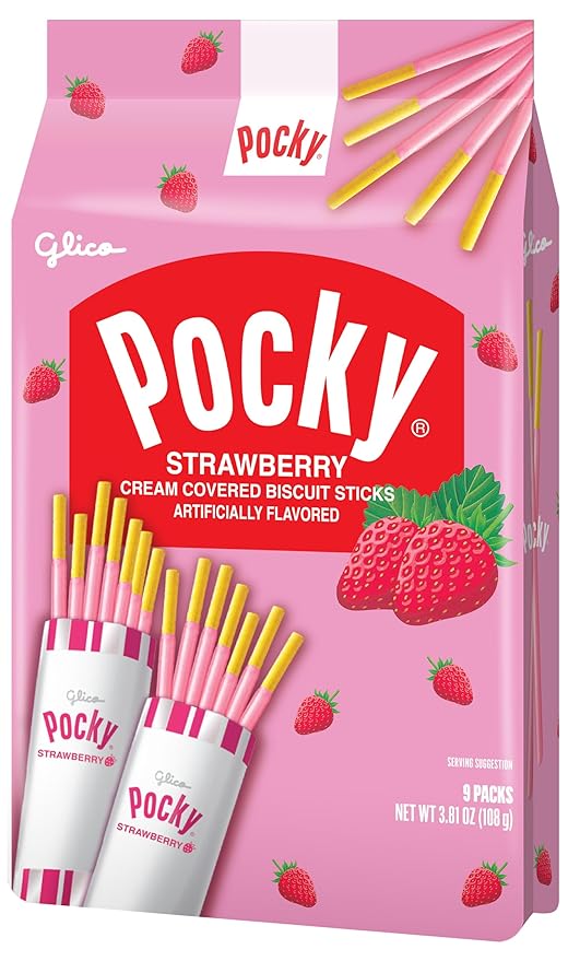 Pocky Strawberry Family Size – Pack of 5 Bags Each with 9 Individually Wrapped Pouches Classic Japanese Biscuit Stick Snack Strawberry Cream Covered Treats for Lunches Parties Gifts &amp Travel