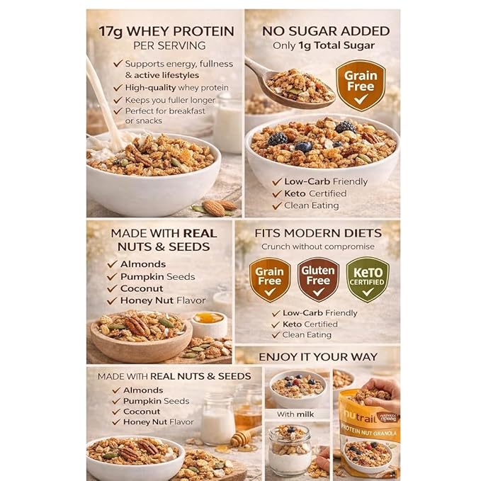 NuTrail! Honey Nut Protein Nut Granola No Sugar Added Low Carb Keto Friendly Gluten Free Granola Cereal High Protein Snack 22 oz Bag (Pack of 2)