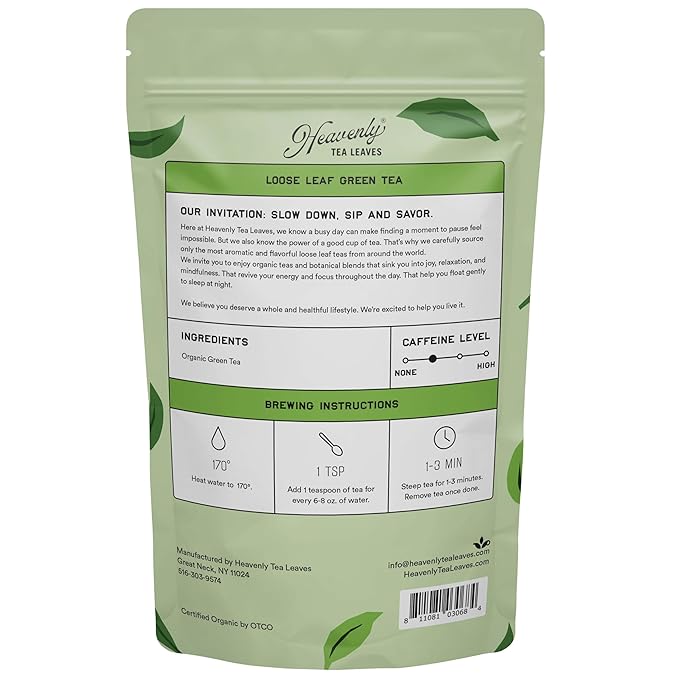 Heavenly Tea Leaves Organic Jasmine Green Bulk Loose Leaf Green Tea 1 Lb. (Approx. 200 Servings) - Antioxidant &amp Immune Boosting Hot or Iced Tea Great Natural Energy Source