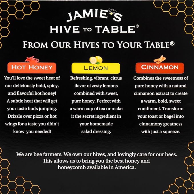 Jamie's Hive To Table Bites &amp Infused Honey Gift Set (3.3 Oz 5 Bites &amp 3x12 Oz Squeeze Bottles) – Raw Honeycomb with Bee Pollen and Propolis &amp Hot Lemon and Cinnamon Flavored Honey