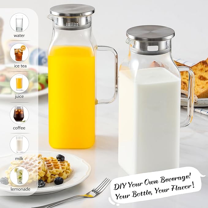 Netany 4 Pack 2 Liters/68 oz Square Glass Pitcher with Lid and Handle for Fridge Iced Tea and Coffee Carafe Beverage Serveware Heat Resistant Borosilicate Water Jug for Hot/Cold Drinks and Milk