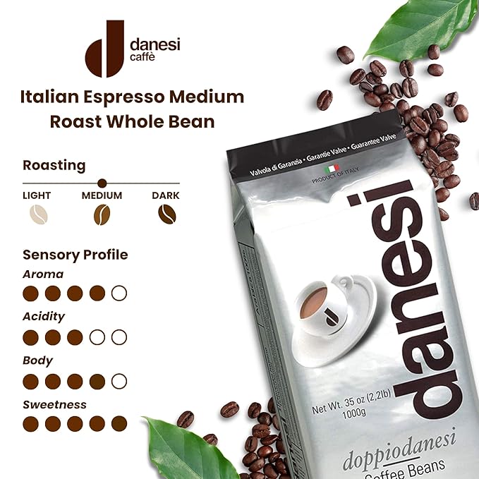 Danesi Caffe Italian Whole Coffee Beans - Espresso Coffee Beans and Medium Roast Whole Bean - Perfect for Espresso Machines French Press and Home Brewing - Doppio (4.5 lb)