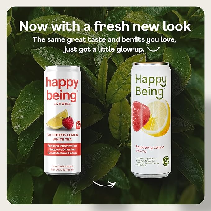 Happy Being Raspberry Lemonade Sparkling White Tea – Antioxidant &amp Polyphenol Rich Infused with Turmeric Elderberry Caffeine Free Plant-Based Low Sugar &amp Low Calorie Drinks 12oz (16 Pack