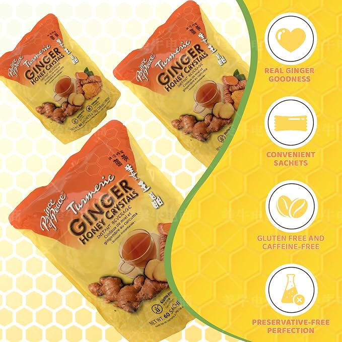 Prince of Peace Instant Ginger Honey Crystals with Turmeric 60 Sachets - pack of 2 – Instant Hot or Cold Beverage that Soothes Throat – Easy to Brew – Drink Like a Tea – Gluten Free – Real Ginger