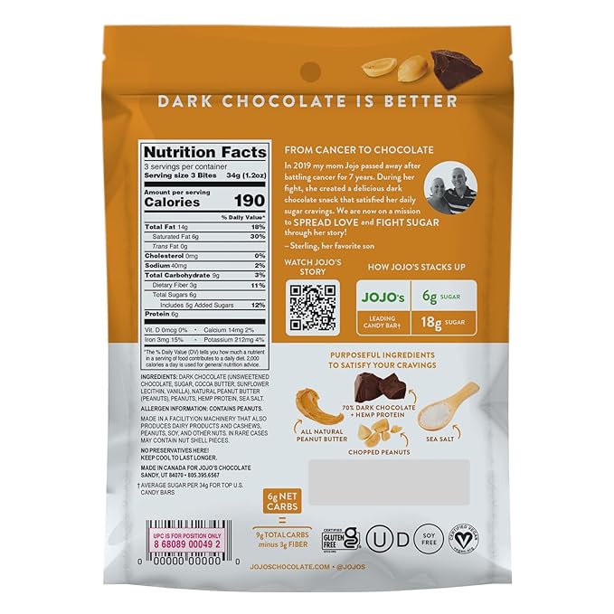 JOJO's Dark Chocolate Peanut Butter and Hazelnut Variety Pack Healthy Snack Low Sugar Low Carb Gluten Free Non GMO Paleo &amp Keto Friendly Made with Plant Based Hemp Protein Vegan (4 Count)