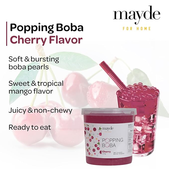 Mayde Popping Boba Pearls for Drinks Desserts &amp Breakfast Bowls (Cherry Flavor 7 Pounds)