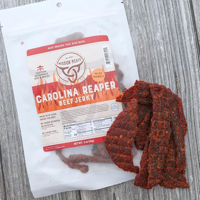 Mission Meats Carolina Reaper Jerky from 100% Grass Fed &amp Pasture Raised Beef Caution: Extremely Spicy Small Batch Hand Crafted Gluten Free 2oz (Pack of 3)