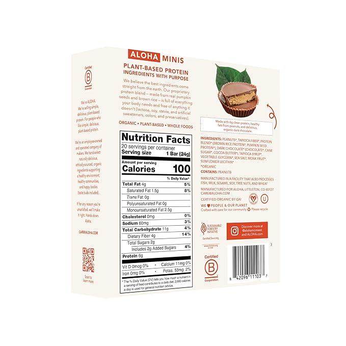 ALOHA Organic Plant Based Protein Bar MINIS |Peanut Butter Cup | 20 Count 24g Bars | Vegan Low Sugar Gluten Free Low Carb Non-GMO Stevia Free Soy Free No Sugar Alcohols