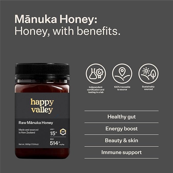 Happy Valley UMF 15+ | MGO 514+ Raw Manuka Honey – Certified UMF Unpasteurized Monofloral 500g / 17.6oz Jar | Traceable from Hive-to-Table Immune Support Skin &amp Daily Wellness – Product of Ne