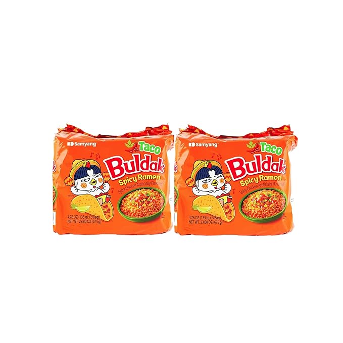 Spicy Buldak Rose Wide Flat Glass Noodle Bowl(169.4g) + Protein Puffs(50g) Assorted Challenge Box (Taco 2 Family Pack)