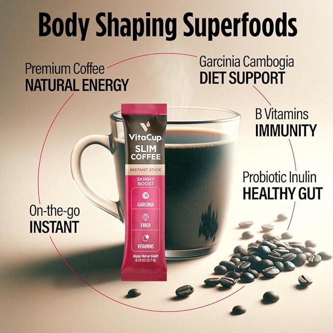 VitaCup Slim Instant Coffee Packets with Garcinia Fiber B Vitamins Skinny Coffee Bold &amp Smooth Medium Dark Roast 100% Arabica Coffee in Single Serve Sticks 48 Ct