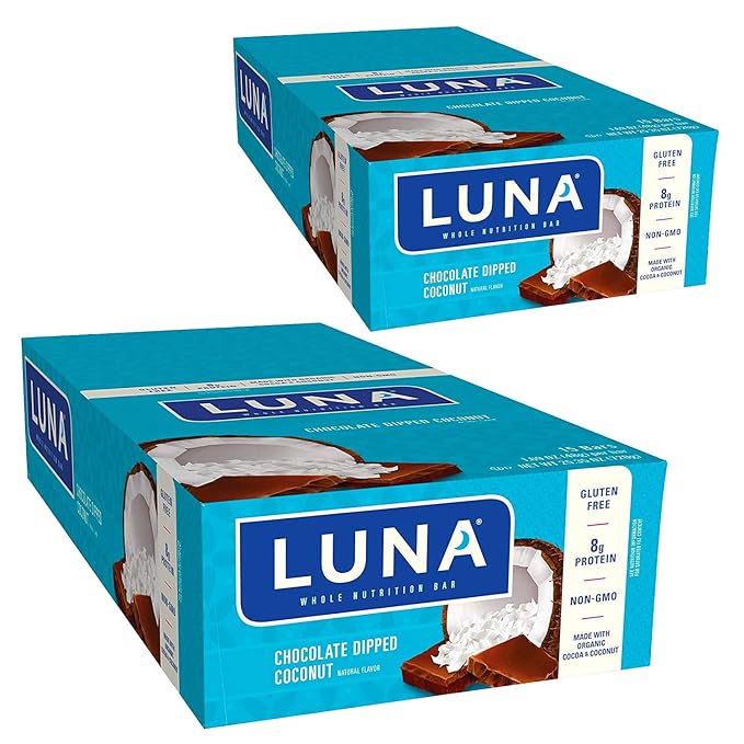 LUNA BAR - Gluten Free Snack Bars - Chocolate Dipped Coconut Flavor -8g of protein - Non-GMO - Plant-Based Wholesome Snacking - On the Go Snacks (1.69 Ounce Snack Bars 30 Count)