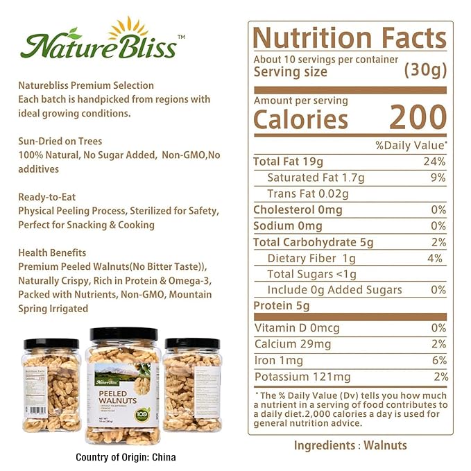 Naturebliss Premium Peeled Walnuts Halves Skinless Raw Walnuts Texture Sweet Crisp No Salt Added Healthy Nuts Power Snacks Ideal for Salads Baking and Cooking (10 OZ/Pack of 1)