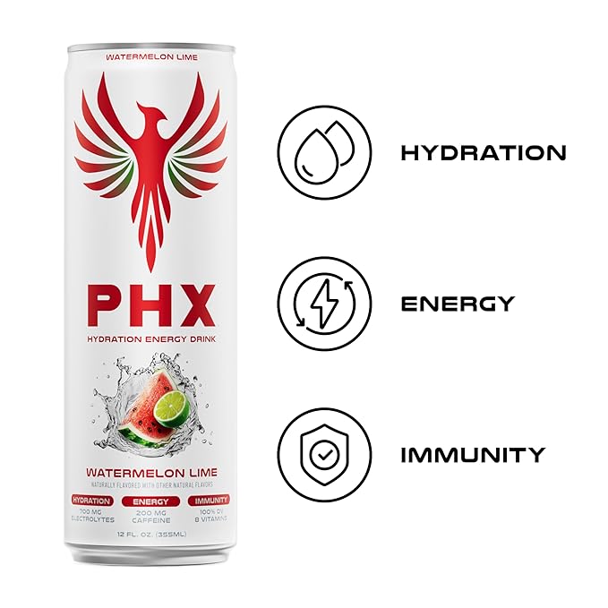 PHX Hydration Energy Drink - 700mg Electrolytes 200mg Natural Green Tea Caffeine 100% Daily Value 8 Essential Vitamins - 12 oz Cans (12 Pack) (12 Pack Watermelon Lime)