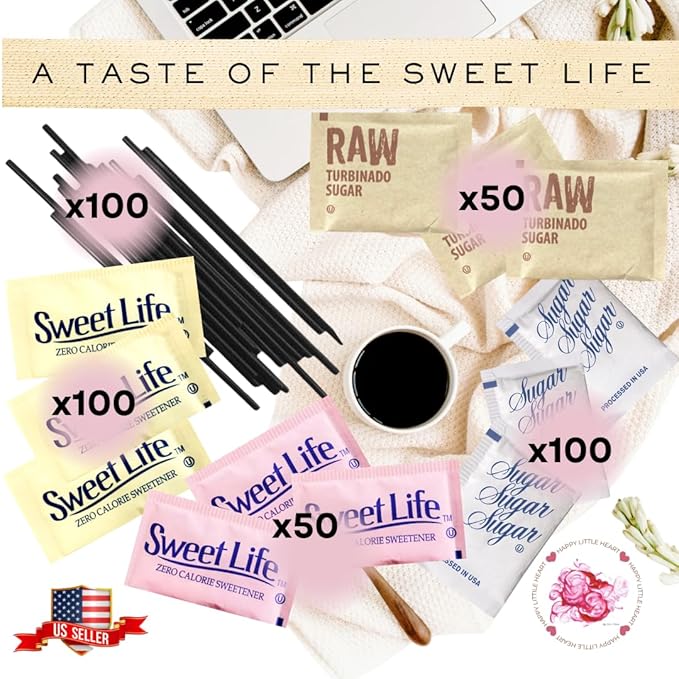 Happy Little Heart Sugar &amp Sweetener Assortment Packets - Sucralose Saccharin Brown Sugar Pure Cane Sugar &amp HLH Sip and Stir Coffee Stirrers (400 Pack) - Perfect for Home Office Coffee Sh