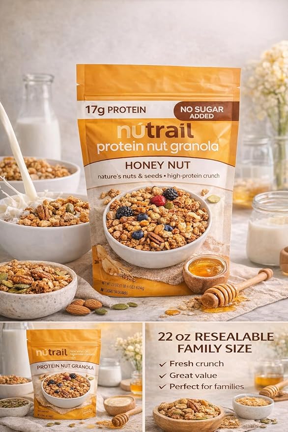 Protein Nut Granola Honey Nut – 17g Protein No Sugar Added Made with Whey Protein Nuts &amp Seeds Keto Certified Gluten-Free Grain-Free Kosher 1g Sugar High Protein Crunch – 22 oz Resealable