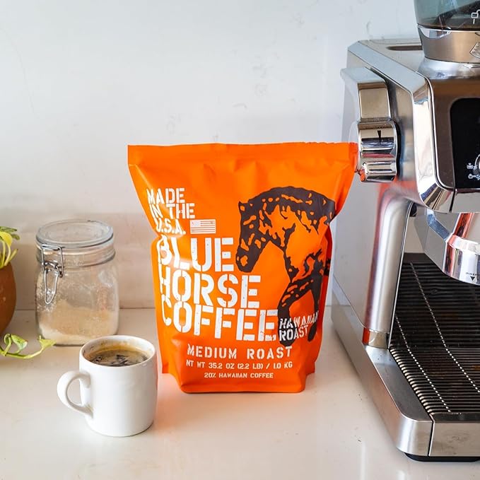 Blue Horse 'Gentle Giant' Hawaiian Roast Arabica Whole Beans Blend (20% Kona) Medium Roast 2.2 Lbs (35 oz)