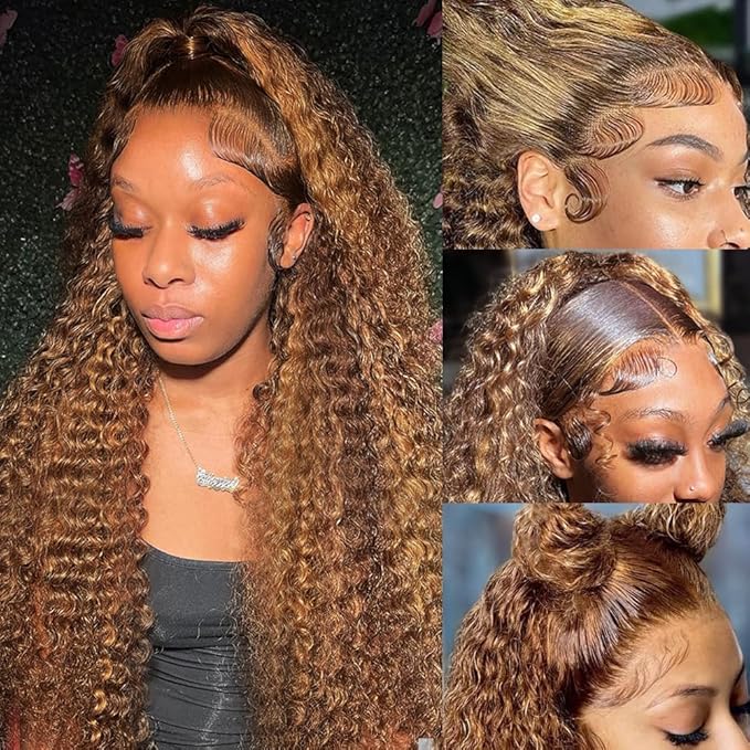 Highlight Ombre Lace Front Wig Human Hair 4x4 HD Honey Blonde 4/27 Deep Wave Lace Frontal Wigs Glueless Wigs Human Hair 24 Inch