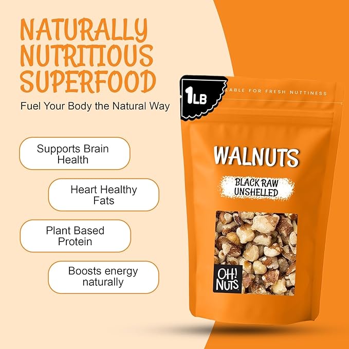 Oh! Nuts Black Raw Unshelled Walnuts - Fresh Chopped Walnuts - 1 lb Bulk Bag - Black Walnut for Baking Snacking Salads &amp Desserts - Vegan Keto Kosher